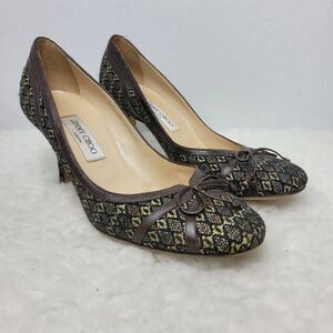 Jimmy Choo Womens Shoes  Size 9 Brown Leather Tweed Bow Pumps Heel